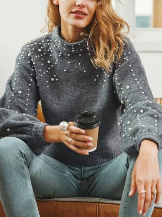 Damen Unifarben Perlen Winter Straße Ballon-Ärmel Langarm Mock Neck Baumwollmischung Pullover