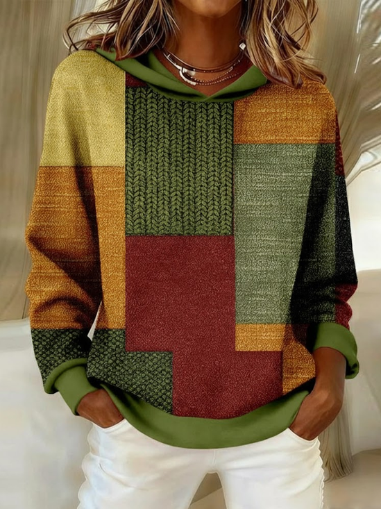 Damen Multifarben Block Frühling/Herbst Print Langarm Lässig Täglich Kapuze