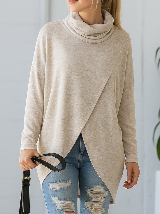 Damen Unifarben Langarm T-Shirts T-Shirt Mock Neck Asymmetrisch Lässig Frühling/Herbst Oberteile