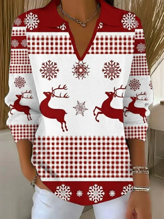 Damen Weihnachten Print Frühling/Herbst Lässig Langarm Schalkragen Pullover