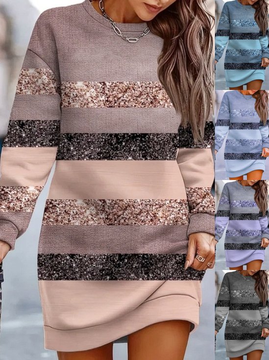 Damen Gestreift Langarm Frühling/Herbst Print Kleid Rundhals Täglich Retro Mini Hüftrock A-Linien-Kleid
