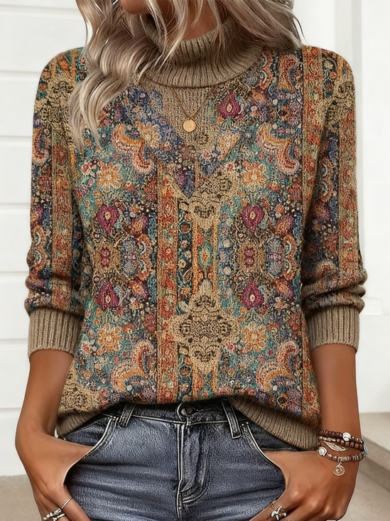 Damen Geometrisch Winter Retro Langarm Rollkragen Pullover
