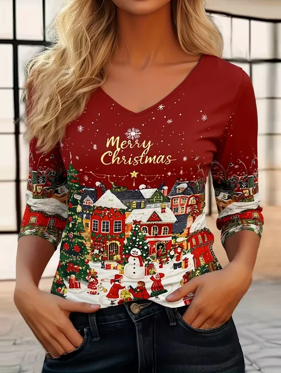 Damen Weihnachtsschneemann Langarm T-Shirts T-Shirt V-Ausschnitt Print Lässig Frühling/Herbst T-Shirt mit Grafik Oberteile