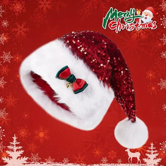 Weihnachten Rot Pailletten Schleife Verdickt extra Groß Pom-Pom Weihnachtsmann Plüsch Hut