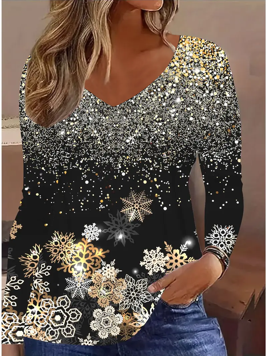 Damen Weihnachten Langarm T-Shirts T-Shirt V-Ausschnitt Print Lässig Frühling/Herbst T-Shirt mit Grafik Oberteile