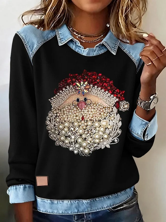 Damen Weihnachtsmann Schalkragen Retro Frühling/Herbst Langarm Sweatshirt