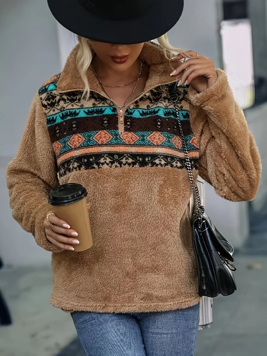 Damen Geometrisch Stehkragen Print Retro Frühling/Herbst Langarm Sweatshirt