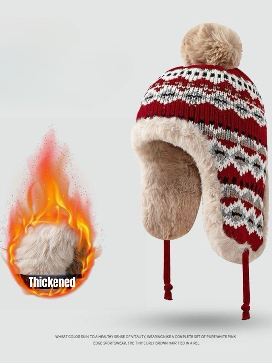 Winter Gestrickt Verdickt mit Vlies-Futter Kragen Schutz Warm Jacquard Muster Vielseitig Lässig Ohr-Abdeckung Hut