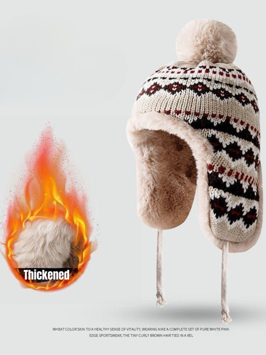 Winter Gestrickt Verdickt mit Vlies-Futter Kragen Schutz Warm Jacquard Muster Vielseitig Lässig Ohr-Abdeckung Hut