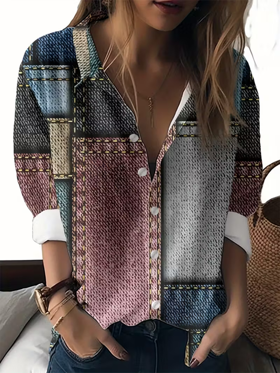 Damen Abstrakt Langarm Bluse Frühling/Herbst Schnalle Hemdkragen Normale Ärmel Täglich Lässig Oberteile