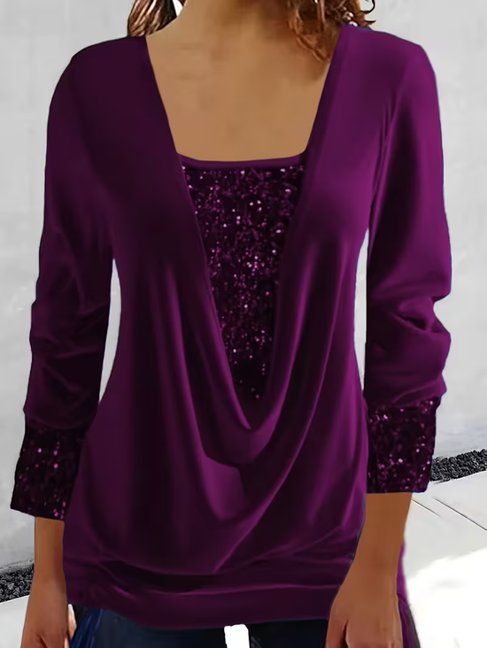 Damen Unifarben Langarm T-Shirts T-Shirt U-Ausschnitt Nahtverarbeitung Retro Frühling/Herbst Oberteile