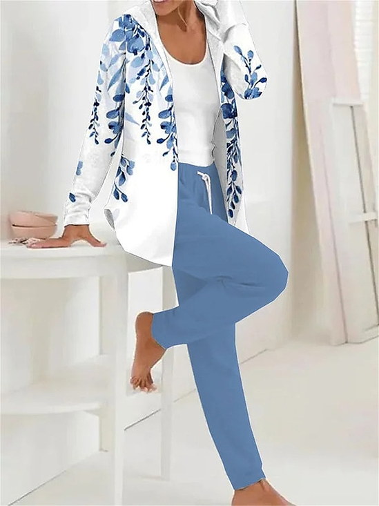 Damen Geblümt Print Zweiteiliges Set Täglich Langarm Lässig Frühling/Herbst Mantel mit Hosen Matching Set