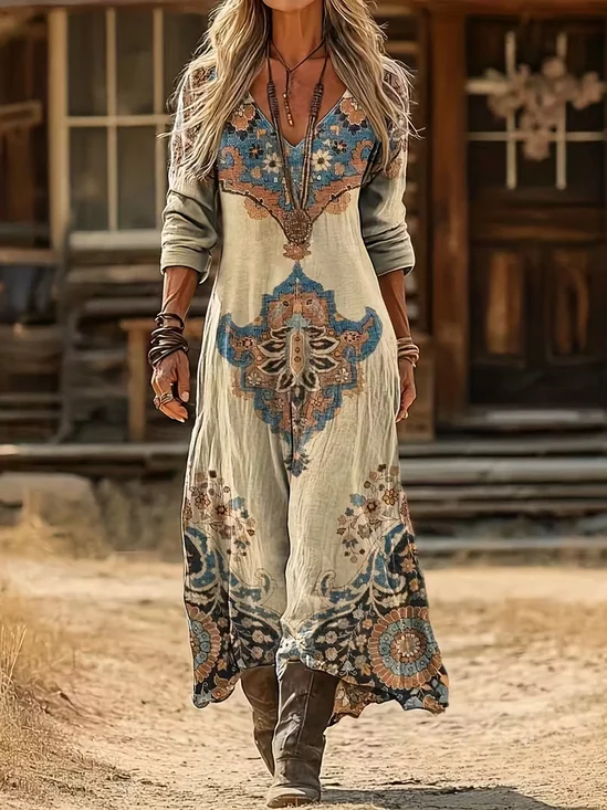 Damen Abstrakt Langarm Frühling/Herbst Print Kleid V-Ausschnitt Täglich Retro Maxikleid H-Linie Kleid