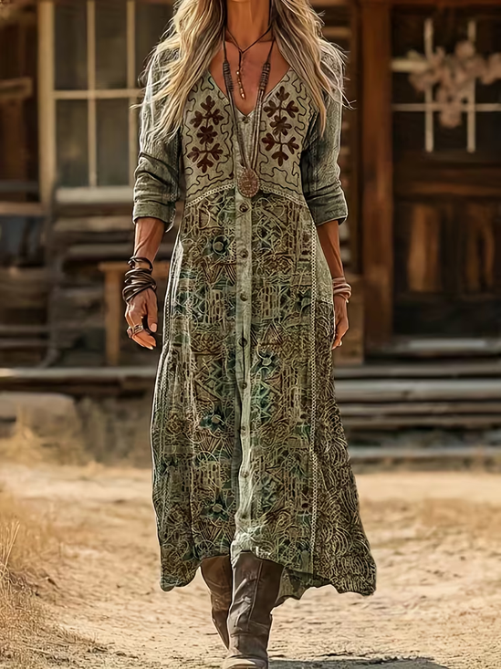 Damen Abstrakt Langarm Frühling/Herbst Print Kleid V-Ausschnitt Täglich Retro Maxikleid H-Linie Kleid