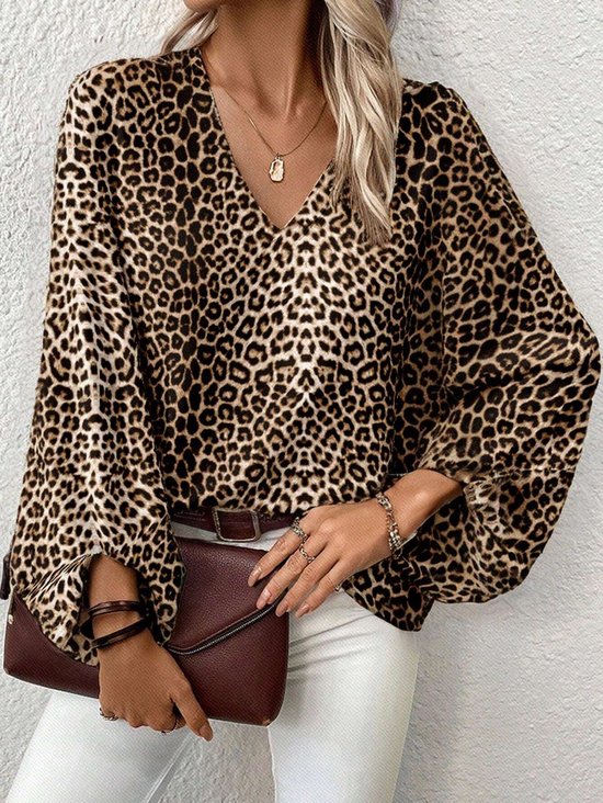 Damen Leopard Halbarm Bluse Sommer Print V-Ausschnitt Täglich Lässig Oberteile
