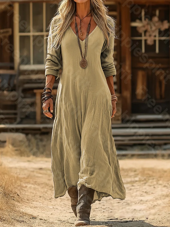 Damen Unifarben Langarm Frühling/Herbst Print Kleid V-Ausschnitt Täglich Retro Maxikleid H-Linie Kleid