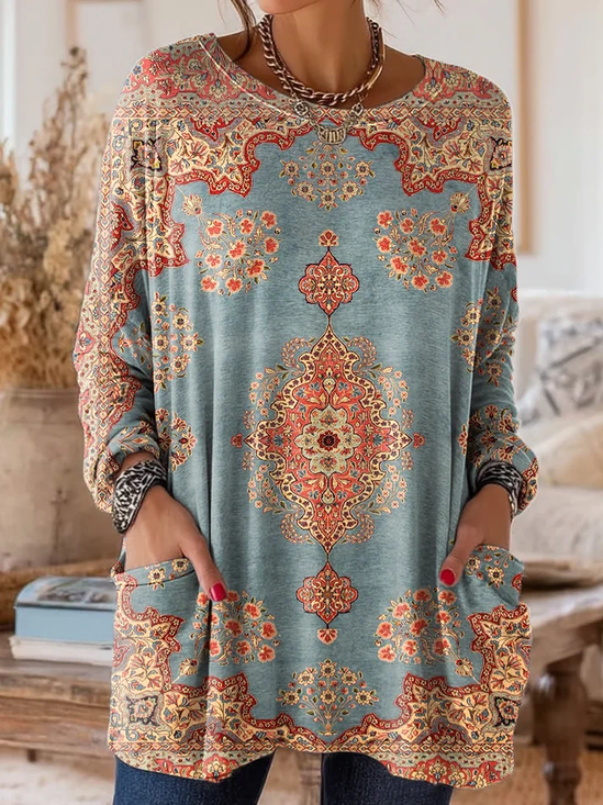 Damen Langarm T-Shirt Frühling/Herbst Blau Geblümt Print Rundhals Täglich Ausgehen Retro Oberteile