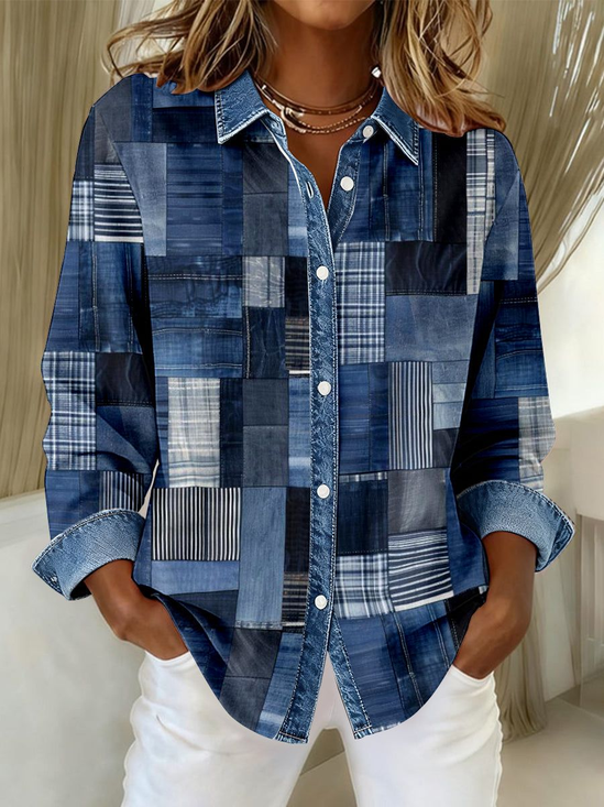 Damen Langarm Bluse Frühling/Herbst Blau Grafik mit Denim-Imitat-Print Schnalle Hemdkragen Normale Ärmel Täglich Ausgehen Lässig Oberteile