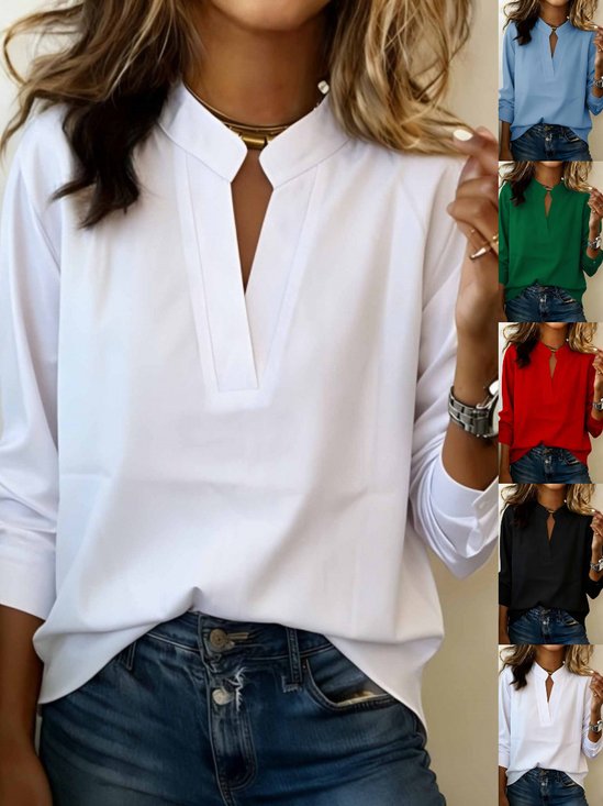 Damen Langarm Bluse Frühling/Herbst Weiß Unifarben Nahtverarbeitung V-Ausschnitt Täglich Ausgehen Lässig Oberteile