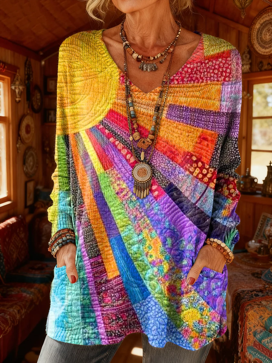 Damen Langarm T-Shirt Frühling/Herbst Wie die Abbildung zeigt Abstrakt Print V-Ausschnitt Täglich Ausgehen Retro Oberteile