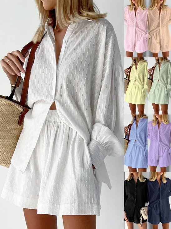 Damen Geprägt Unifarben Täglich Ausgehen Zweiteiliges Set Weiß Lässig Frühling/Herbst Bluse mit Hose Matching Set