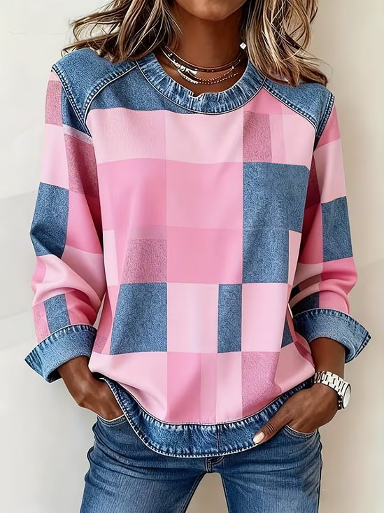 Damen Kariert Print Patchwork Denim Rundhalsausschnitt Langarm Sweatshirt