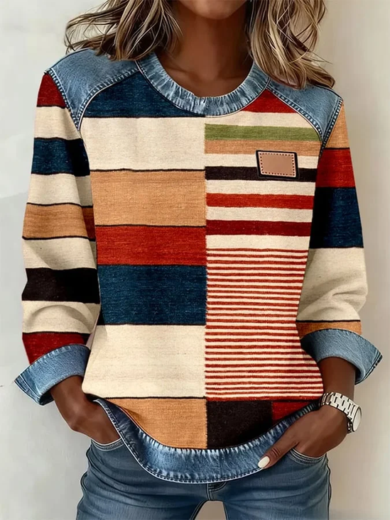 Damen Abstrakt Rundhals Print Retro Frühling/Herbst Langarm Sweatshirt