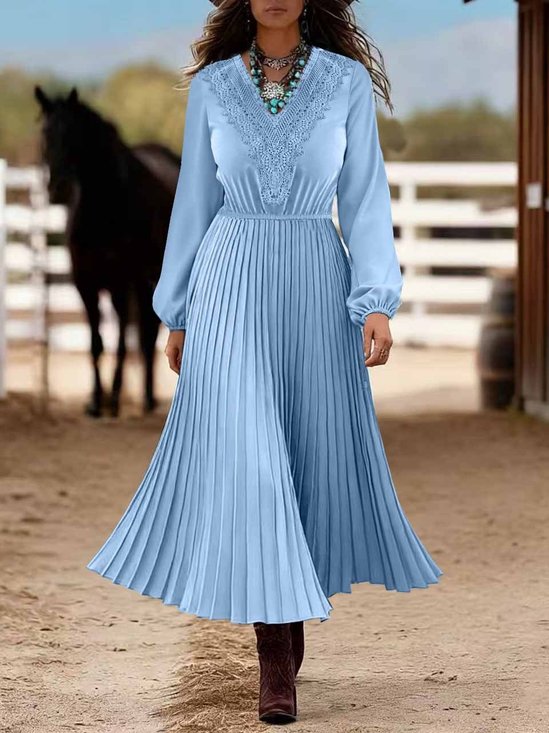 Damen Langarm Frühling/Herbst Blau Unifarben Nahtverarbeitung V-Ausschnitt Täglich Ausgehen Lässig Maxikleid A-Linien Blusenkleid Kleid