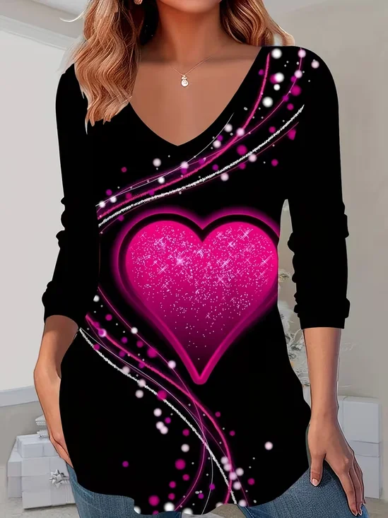 Damen Herz/Herz Langarm T-Shirts T-Shirt V-Ausschnitt Print Lässig T-Shirt mit Grafik Frühling/Herbst Oberteile