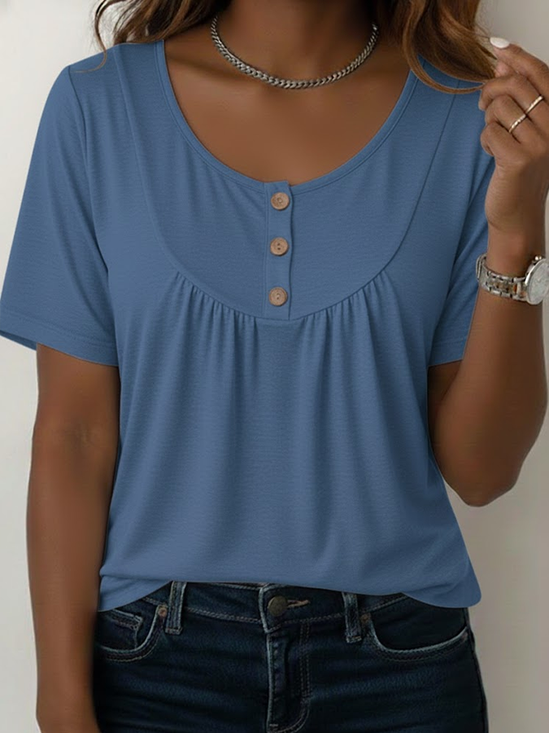 Damen Unifarben Kurzarm T-Shirts T-Shirt Rundhals Schnalle Lässig Sommer Oberteile