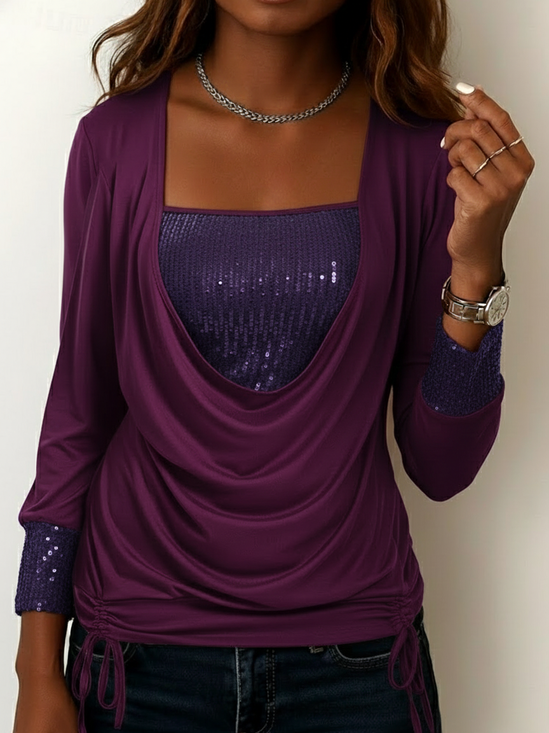 Damen Unifarben Langarm T-Shirts T-Shirt U-Ausschnitt Nahtverarbeitung Retro Frühling/Herbst Oberteile