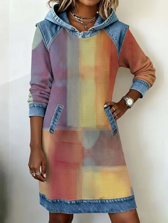 Damen Abstrakt Langarm Kapuze Print Kleid Täglich Retro Midi H-Linie Frühling/Herbst Kleid