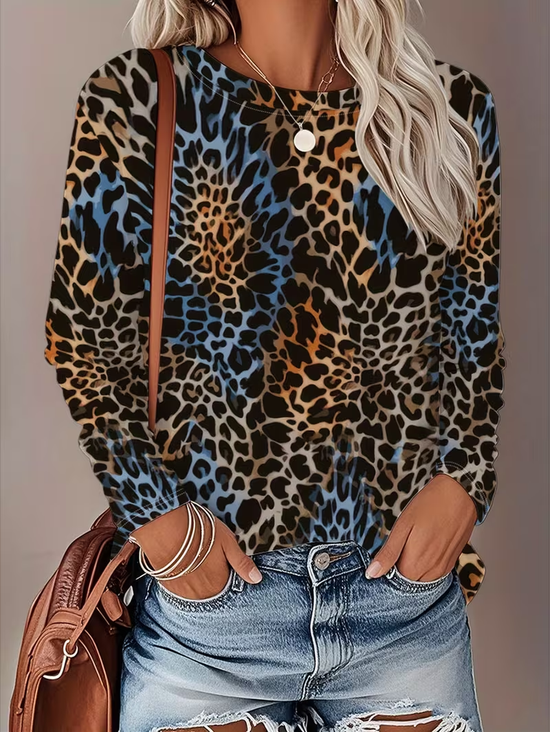 Damen Leopard Langarm T-Shirts T-Shirt Rundhals Print Lässig T-Shirt mit Grafik Frühling/Herbst Oberteile