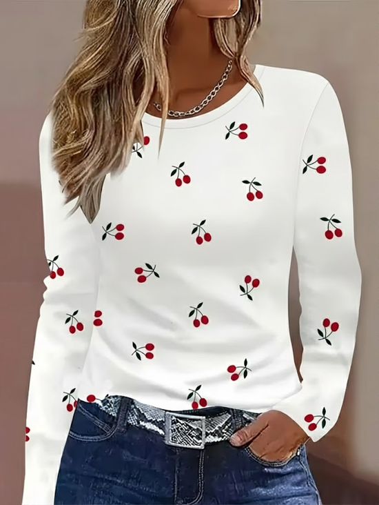 Damen Obst Langarm T-Shirts T-Shirt Rundhals Print Lässig T-Shirt mit Grafik Frühling/Herbst Oberteile