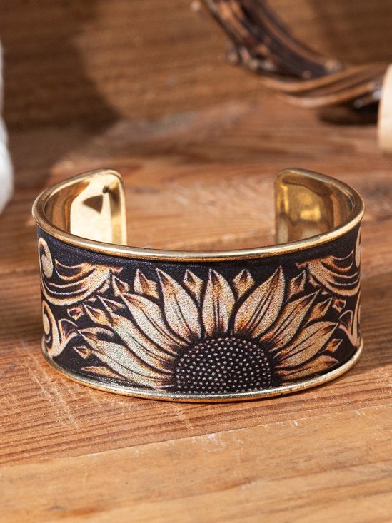 Galvanisiert Retro betrübt PU Eisen Sonnenblume Armband Wald Stil künstlerisch NFC Design Nische Offen-Gesicht Schmuck