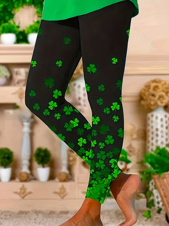 Damen Kleeblatt Lässig Alle Jahreszeiten Print Lang Leggings Hose