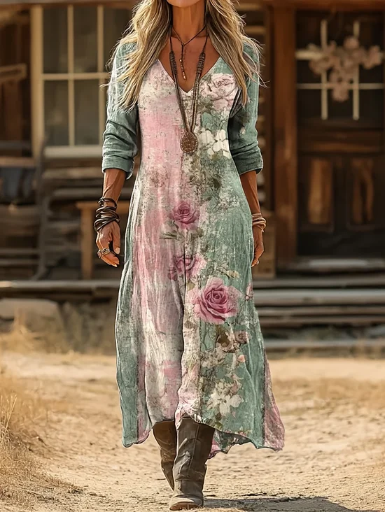 Damen Geblümt Langarm V-Ausschnitt Print Kleid Täglich Retro Maxikleid H-Linie Frühling/Herbst Kleid