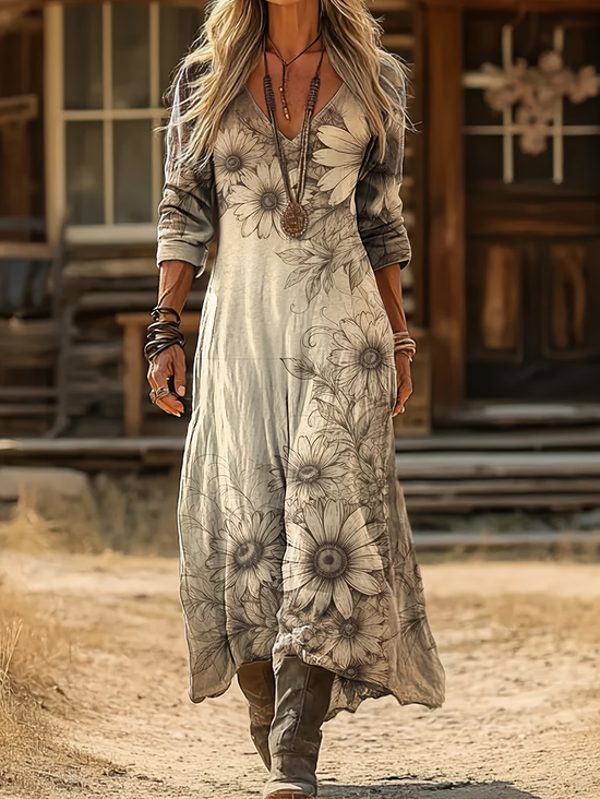 Damen Geblümt Langarm V-Ausschnitt Print Kleid Täglich Retro Maxikleid H-Linie Frühling/Herbst Kleid