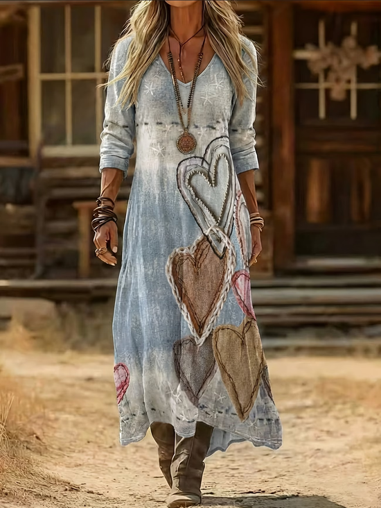 Damen Herz/Herz Langarm V-Ausschnitt Print Kleid Täglich Retro Maxikleid H-Linie Frühling/Herbst Kleid