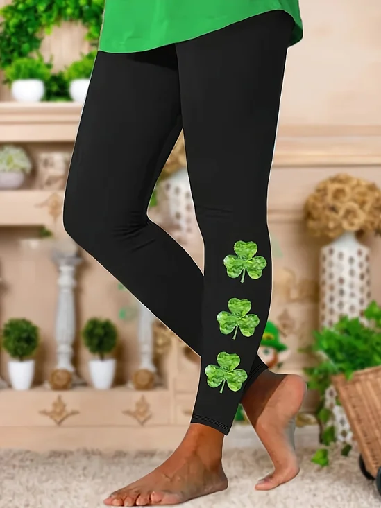 Damen Kleeblatt Lässig Alle Jahreszeiten Print Lang Leggings Hose