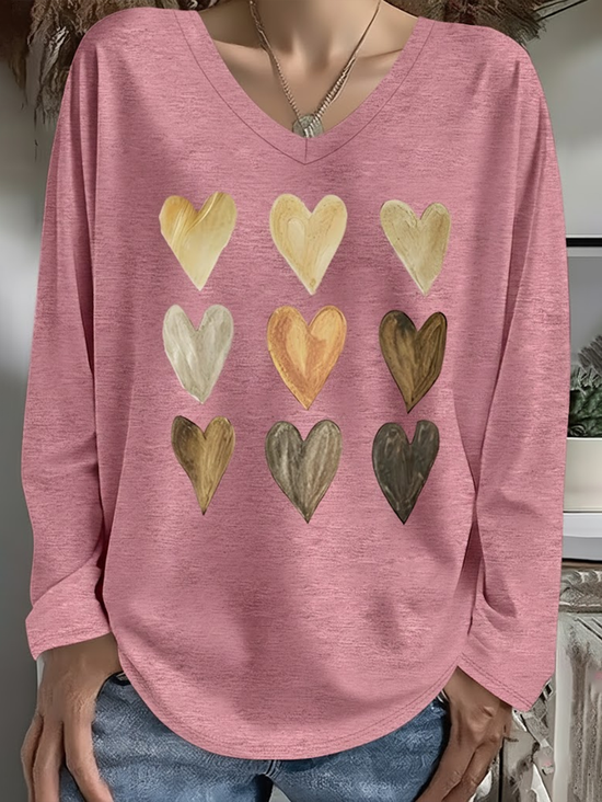 Damen Herz/Herz Langarm T-Shirts T-Shirt V-Ausschnitt Print Lässig T-Shirt mit Grafik Frühling/Herbst Oberteile