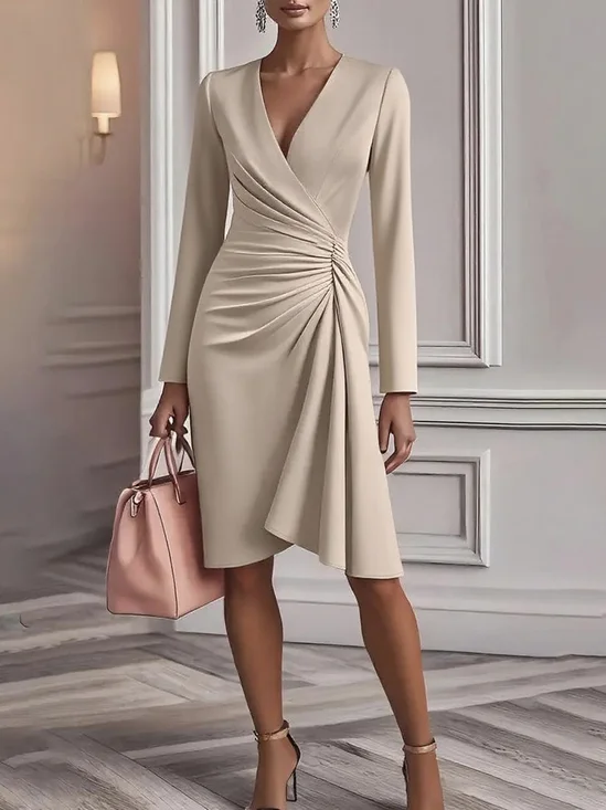 Damen Unifarben Langarm V-Ausschnitt Kleid Pendeln Elegant Midi Passen & Flare Kleid A-Linien Frühling/Herbst Kleid