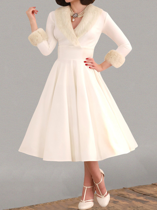 Damen Unifarben Langarm Frühling/Herbst Nahtverarbeitung Kleid V-Ausschnitt Urlaub Lässig Maxikleid Tanktop A-Linien-Kleid