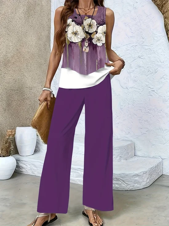 Damen Geblümt Print Zweiteiliges Set Täglich Ärmellos Lässig Sommer Bluse mit Hose Matching Set