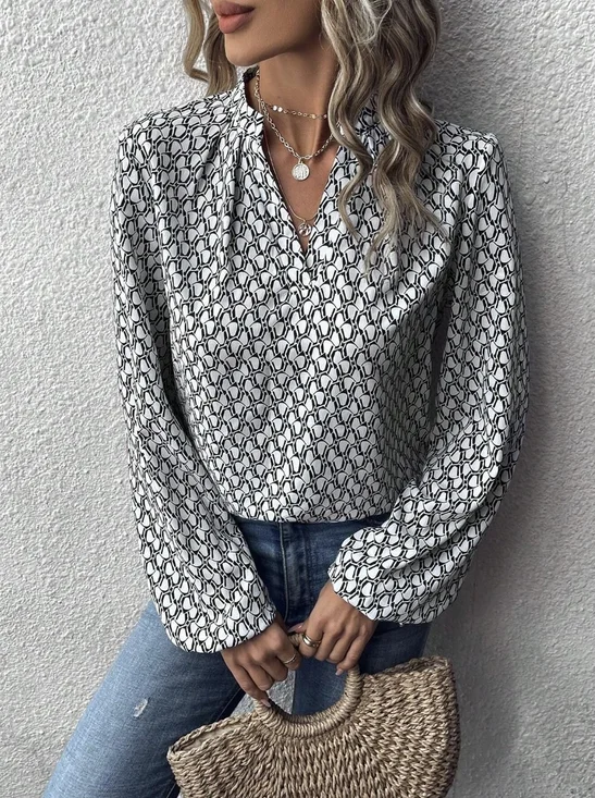 Damen Geometrisch V-Ausschnitt Langarm Bluse Print Ballon-Ärmel Lässig Täglich Frühling/Herbst Oberteile