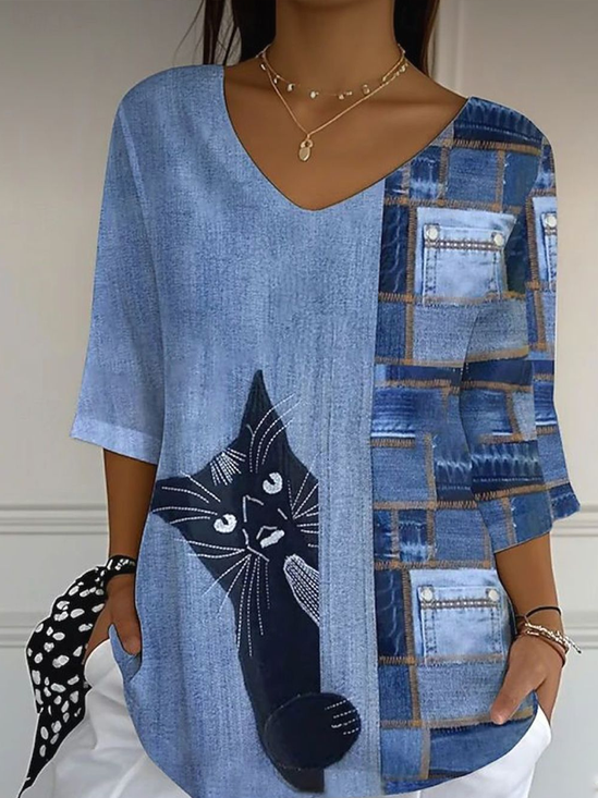 Damen Katze Dreiviertelärmel T-Shirts T-Shirt V-Ausschnitt Print Lässig T-Shirt mit Grafik Frühling/Herbst Oberteile
