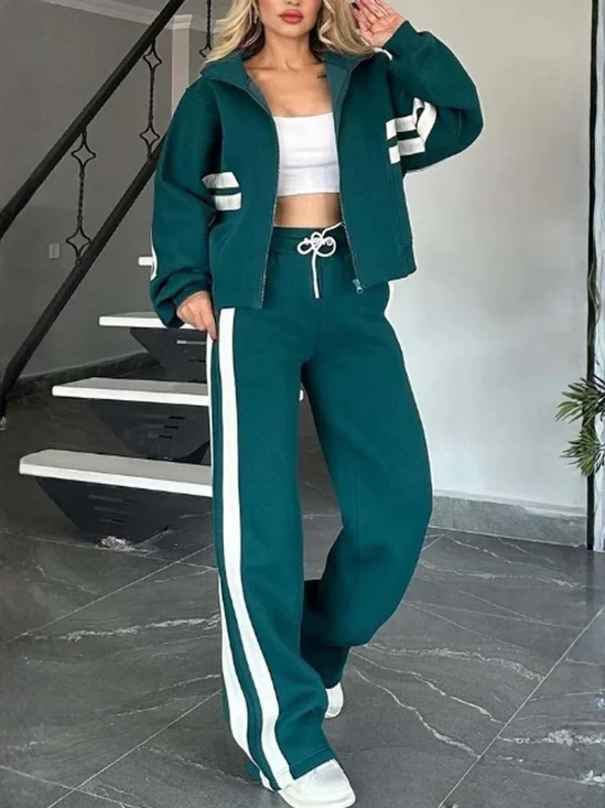 Damen Gestreift Nahtverarbeitung Zweiteiliges Set Täglich Langarm Lässig Frühling/Herbst Bluse mit Hose Matching Set