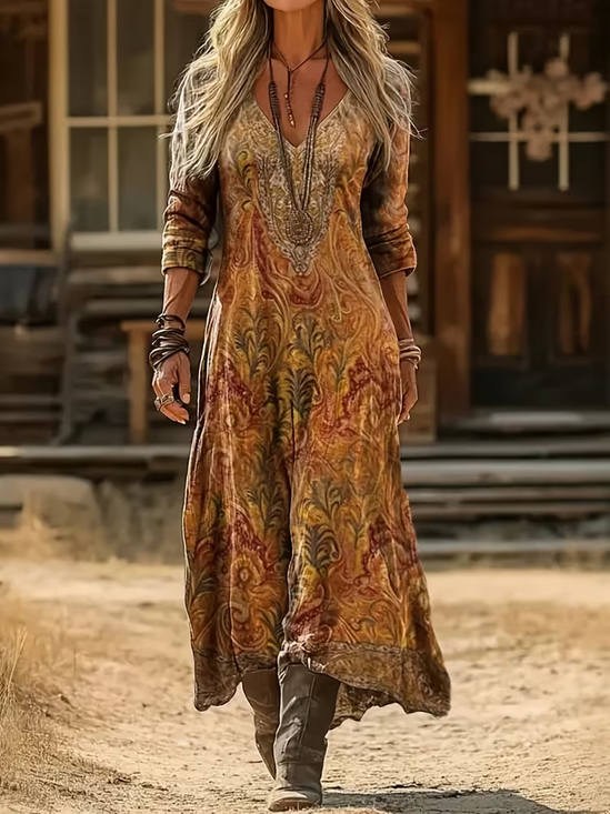 Damen Abstrakt Langarm V-Ausschnitt Print Kleid Täglich Retro Maxikleid H-Linie Frühling/Herbst Kleid