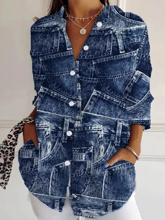 Damen Grafik mit Denim-Imitat-Print Hemdkragen Langarm Bluse Schnalle Normale Ärmel Lässig Täglich Frühling/Herbst Oberteile