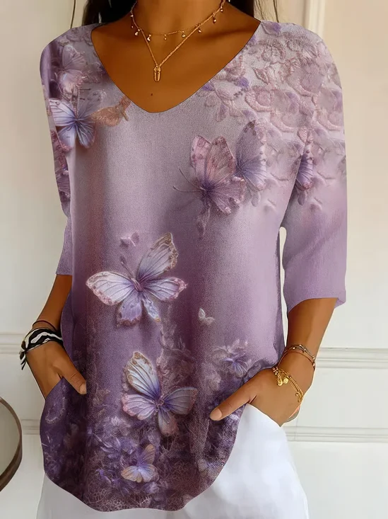Damen Schmetterling Dreiviertelärmel T-Shirts T-Shirt V-Ausschnitt Print Lässig T-Shirt mit Grafik Frühling/Herbst Oberteile